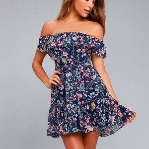 Lulus My Favorite Navy Blue Floral Print Off-the-Shoulder Dress